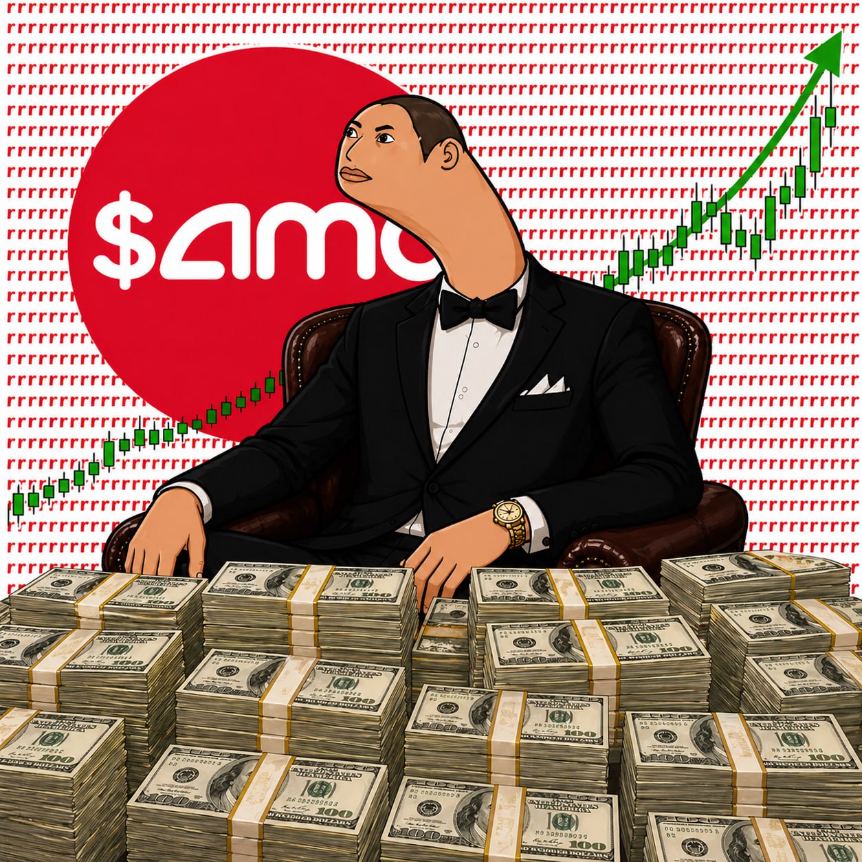 Cendorr with stacks of cash and green chart